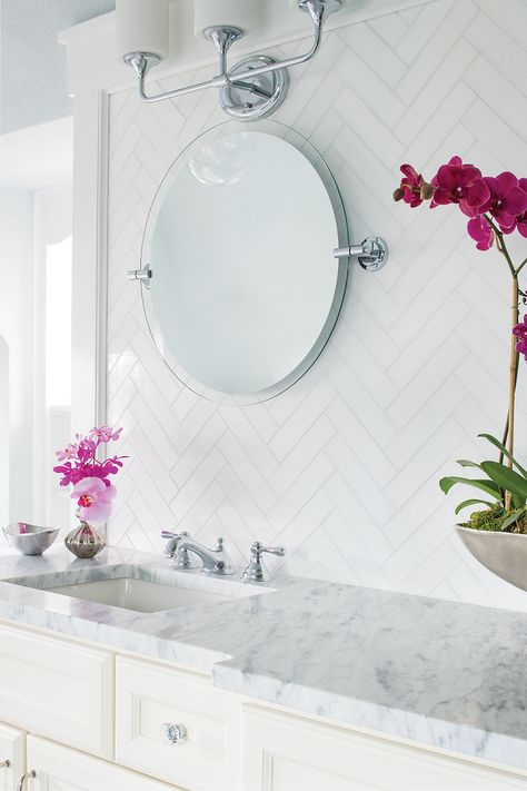 AKDO Gallery: Thassos Bathroom Subway Bathroom, Bathroom Vanity Backsplash, Vanity Backsplash, Shower Tiles, White Marble Tiles, Herringbone Backsplash, White Herringbone, Transitional Bathroom, Herringbone Tile