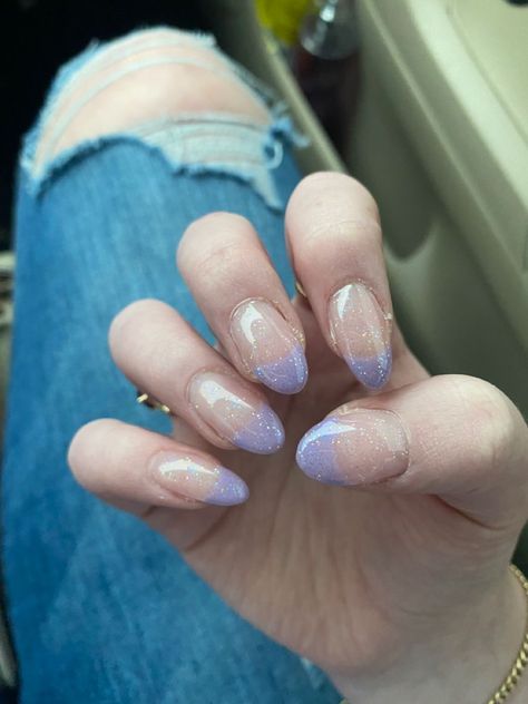 Cute gel nails, purple french tips, glitter nails, aesthetic nails Purple Sparkly French Tip Nails, Sparkly Purple French Tip Nails, Light Purple And Silver Nails, Purple Glitter French Tip Nails, Glitter Nails Aesthetic, Lilac Nails With Glitter, Glittery Purple Nails, Prom Nails Purple, French Tips Glitter