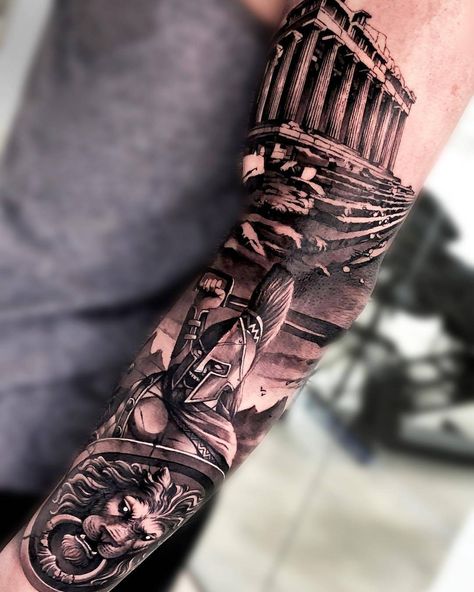 Tattoo artist Matias Noble, black&grey portrait realistic tattoo, Noble Art Gallery | Valencia, Spain Gladiator Sleeve Tattoo, Greek Spartan Tattoo, Pantheon Tattoo, Spartan Tattoo Sleeve, Acropolis Tattoo, Greek Warrior Tattoo, Art Sleeve Tattoo, Noble Tattoo, Spartan Warrior Tattoo