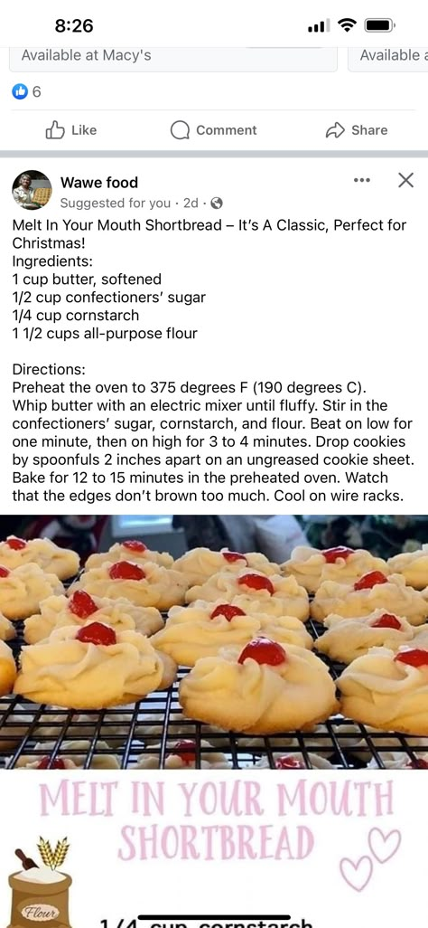 Powdered Cookies, Melt In Your Mouth Shortbread, Bake Goods, Cookie Recipes Homemade, Cookie Brownie Bars, Shortbread Recipes, Butter Cookies Recipe, Cookie Time, Delicious Cookie Recipes