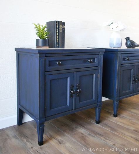 The Antique Blue Nightstand Makeover with Country Chic Paint | A Ray of Sunlight #paintedfurniture  #diydecor #furniture #furnituremakeover #farmhousedecor #bluefurniture #countrychicpaint Blue Nightstand, Nightstand Diy, Blue French Country, Blue Nightstands, Blue Painted Furniture, Nightstand Makeover, Painted Night Stands, Blue Sideboards, Grey Bedroom Furniture