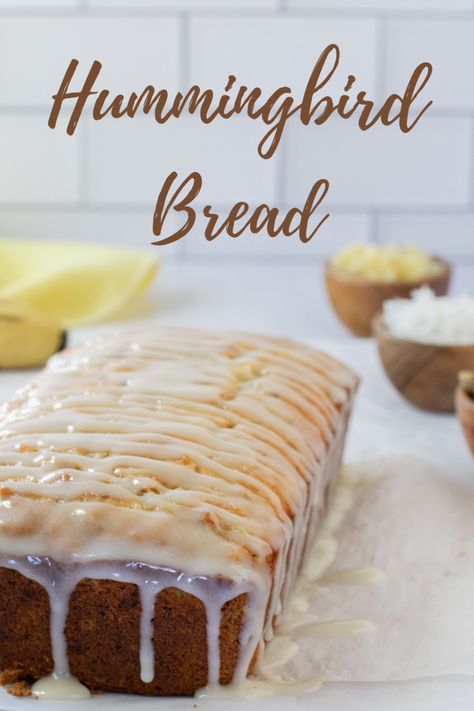 This Hummingbread Bread recipe is reminiscent of the better known southern favorite, Hummingbird Cake. It’s smaller, less sweet and topped with cream cheese glaze instead of a thick coating of frosting. It works as a sweet breakfast, amazing brunch, or even as a dessert! The banana, pineapple, coconut and pecan flavors still play prominently. Cream Cheese Glaze Recipe, Hummingbird Bread Recipe, Strawberry French Toast Casserole, Hummingbird Bread, Bread With Cream Cheese, Streusel Coffee Cake, Hummingbird Cake, Cream Cheese Glaze, Coconut Pecan