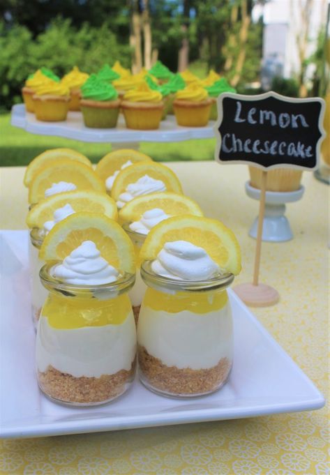 Easy Lemon Centerpieces, Lemon And Blue Gingham Party, Lemon Cheesecake In A Jar, Lemon Bday Theme, 1st Birthday Lemon Theme Cake, Lemon Shower Favors, Lemon Centerpiece Ideas Simple, Sun Themed Table Decor, She Found Her Main Squeeze Dessert Table