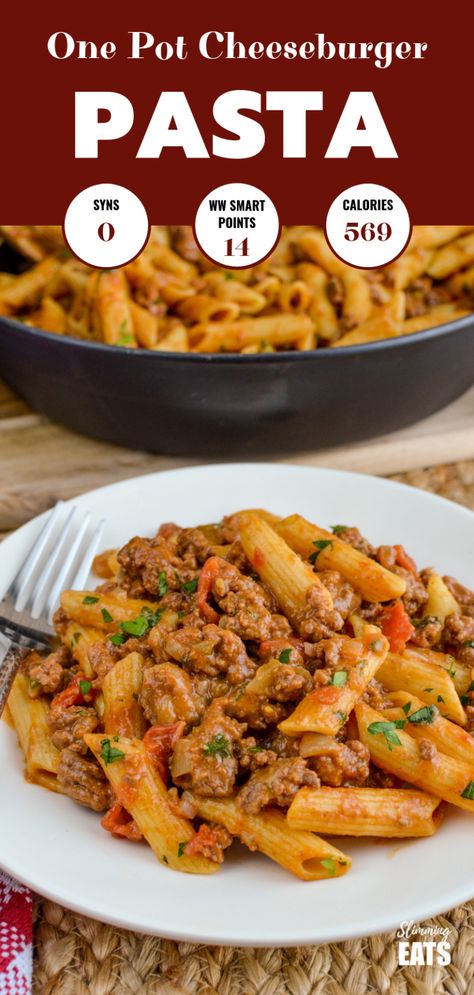 Syn Free One Pot Cheeseburger Pasta - the best pasta dish you will make this year PERIOD!! Slimming World and Weight Watchers friendly Slimmers World Recipes, Minced Beef Recipes, Cheeseburger Pasta, Fakeaway Recipes, Best Pasta Dishes, Recipe Pasta, Best Pasta, Pasta Pot, Cheese Burger