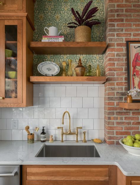 Kitchens - Traditional - Kitchen - London - by Mylands | Houzz Kitchen With Brick Wallpaper, Brick Oven Surround Kitchen, Southwestern Modern Kitchen, Newstalgia Kitchen, Wallpaper Craftsman Home, Terracota Kitchen Floors, Small Craftsman Kitchen Remodel, Timeless Craftsman Kitchen, Traditional Vintage Kitchen