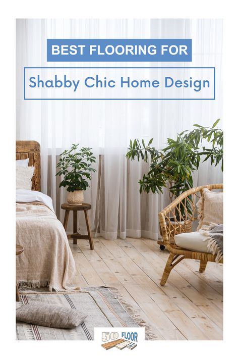 The shabby chic home design style combines a rustic feel with homey feelings for a comforting, worn, lived-in look. Reclaimed wood floors are a popular flooring choice for shabby chic homes, as they provide unique details and colors that can tie the space together. Visit our blog post for more tips on how to select the perfect floors for your shabby chic home! #flooringideas #housedesign Distressed Laminate Flooring, Chic Flooring, Shabby Chic Flooring, Popular Flooring, Shabby Chic Modern, Shabby Chic Interior Design, Reclaimed Wood Floors, Chic Home Design, Modern Flooring