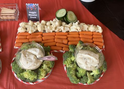 Monster Truck Appetizers, Monster Truck Veggie Tray, Monster Truck Fruit Tray, Monster Truck Snack Ideas, Monster Truck Party Food Ideas, Monster Truck Birthday Food Ideas, Monster Jam Birthday Party Ideas Food, Monster Truck Birthday Party Food, Monster Jam Party Food