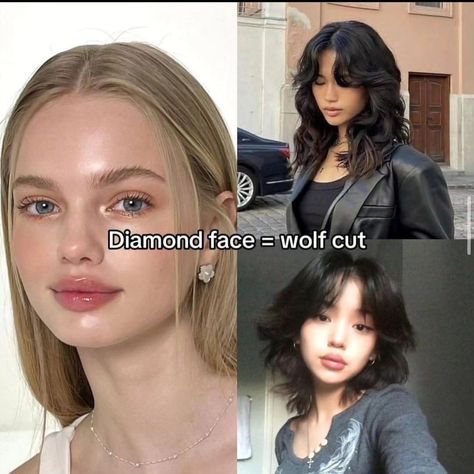 haircut, face shapes, oval face, round face, diamond face, heart face, square face, wispy bangs, wolf cut, long layers, hush cut, long hair, hair for every face shape Aesthetic Haircuts Round Face, Haircut Ideas For Diamond Shaped Face, Heart Face Haircuts Long, Short Haircuts For Diamond Face Shape, Diamond Hairstyles Face Shapes, Neckline For Round Face Shape, Square Face Haircut Bangs, Hair Styles For Diamond Face Shape, Best Bangs For Diamond Face Shape