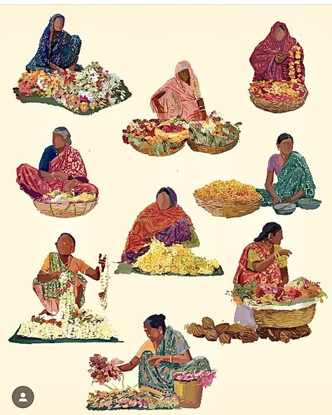 Illustrations Of Women, Cane Baskets, Desi Art, Temple Bells, Bd Art, Indian Illustration, South Asian Art, Indian Flowers, Indian Folk Art