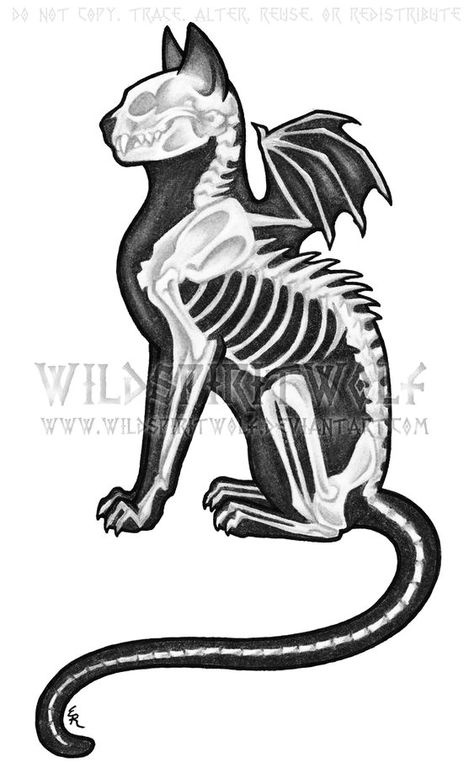 Skeleton Cat Tattoo, Cat With Wings Tattoo, Vampire Skeleton, Illusion Tattoo, Cat With Wings, Optical Illusion Tattoos, Illusion Tattoos, Skeleton Cat, Optical Illusion Tattoo