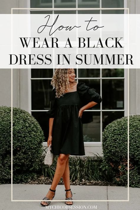 Black? In summer? The answer to that is definitely yes! A black dress is not just reserved for wedding wear and formal events anymore! You can easily put together a stylish look for summer using this must-have piece. Here’s how to wear a black dress in summer and look effortlessly chic while doing so! #blackdress #blackdressoutfit #lowblockheels #wickerbag Shoes For Short Black Dress, Summer Black Dress Outfit Classy, Black Summer Dress Outfit Classy, Black Dress Summer Wedding, Black Dress Colorful Accessories, How To Wear Black Dress, Wearing Black In Summer, Jewelry For Black Dress Wedding, How To Wear Black In Summer