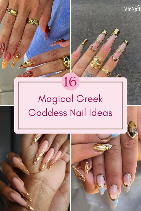 Explore 16 stunning Greek goddess nail designs featuring magical elements and elegant colors. This pin showcases 4 beautiful images representing unique, myth-inspired artwork for your nails. Spirituality Nails, Pagan Nail Art, Mystical Nail Designs, Goddess Nails Designs, Mystical Nails, Greek Figures, Mystic Nails, Gold Goddess, Cheetah Print Nails