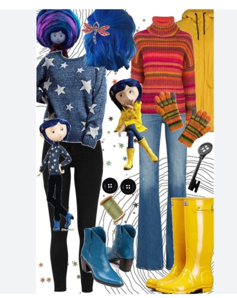 Unique Single Halloween Costumes, Caroline Outfit, Caroline Inspired Outfits, Dti Outfit Ideas Coraline, Characters To Be For Halloween, Caroline Outfits, Coraline Halloween Costume Aesthetic, Coraline Style, Coraline Outfit Ideas