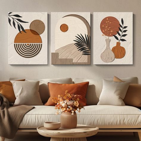 Afrocentric Wall Art, Beige Wall Living Room Decor, Colorful Artwork For Living Room, Textured Wall Paintings, Over The Bed Wall Decor Minimalist, Indian Style Living Room Decor, Boho Style Wall Art, Burnt Orange Living Room Decor Ideas, 3 Piece Painting Ideas