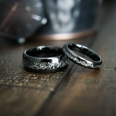 Crafted with genuine meteorite fragments that fell from space in prehistoric times, this black tungsten wedding band for him is a rare galactic treasure. Against all odds, you found your Juliet in an infinite universe. Now, start the next chapter of your story together in style. Meteorite Wedding Ring, Wedding Bands His And Hers, Couples Wedding Rings Set, Meteorite Wedding Rings, Meteorite Wedding Band, Black Tungsten Wedding Band, Infinite Universe, Gibeon Meteorite, Rings Mens