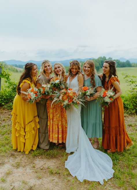 Colored Hippie Wedding Dress, Eclectic Bridesmaids Dresses, Eclectic Bridesmaid Dresses Fall, Mccall Mitchell Wedding, Summer Sunset Color Palette Wedding, Eclectic Wedding Party, Vibrant Boho Wedding, Multicolor Wedding Party, Colorful Wedding Party Attire