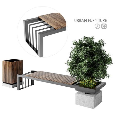 Bench Dimensions, Urban Furniture, Plant Design, In 3d, Sun Lounger, Trash Can, Close Up, Bench, Outdoor Furniture