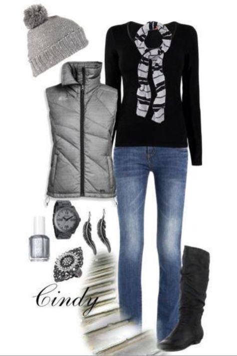 Winter outfit../ maybe with my pink vest and pink scarf Silver Vest Outfit, Silver Vest, Puffer Vest Outfit, Vest Outfits For Women, Vest Outfit, Cute Winter Outfits, Outfits For Women, Vest Outfits, Weekend Outfit