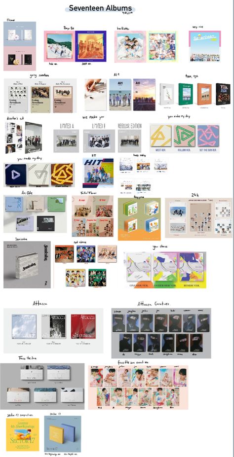 seventeen every album in every version Seventeen Album List, Seventeen Album Template, Seventeen Album Collection, Seventeen Album Aesthetic, Seventeen Album Cover, Kpop Album Collection, Seventeen Collection, Kpop Wishlist, Album Aesthetic