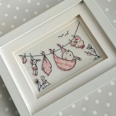 Embroidery Machine Baby Gifts, Washing Line Applique, New Baby Embroidery, Machine Embroidery Baby Gifts, Water Colour New Baby Cards, Rose Embroidery Pattern, Watercolor Quilt, Box Frame Art, Freehand Machine Embroidery