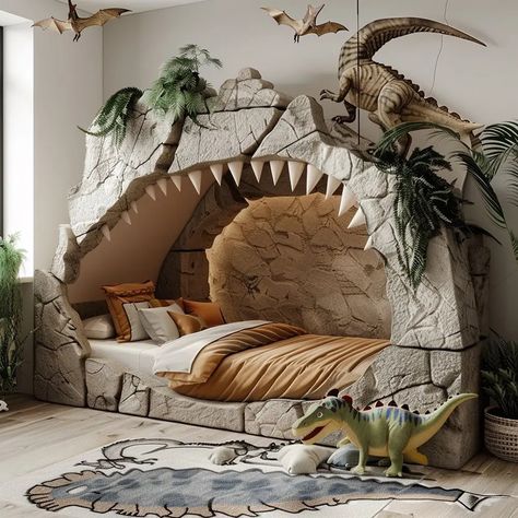 Jurassic Dreamland Bed - Design Swan Jurassic Bedroom, Dinosaur Bed, Dinosaur Theme Room, Dinosaur Kids Room, Fluffy Bedroom, Dinosaur Bedding, Dinosaur Bedroom, Dinosaur Room, Modern Kids Room