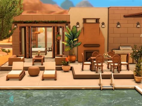 Sims 4 Houses Desert, Sims 4 Modern Desert House, Sims 4 Southwestern Cc, Sims 4 Dessert House, Sims 4 Desert Luxe, Sims 4 Desert House, Sims Backyard, Backyard Secret Garden, Desert Modern House