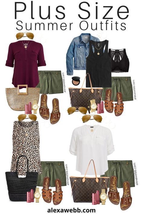 Plus Size Khaki Shorts Outfits with Green Linen Shorts - Plus Size Summer Outfit Ideas - Alexa Webb #plussize #alexawebb Cute Vacation Outfits Plus Size, Plus Size Summer Shorts Outfits, Plus Size Spring Fashion 2023, Khaki Shorts Outfit, Alexa Webb, Outfits Shorts, Plus Zise, Mode Tips, Linen Joggers