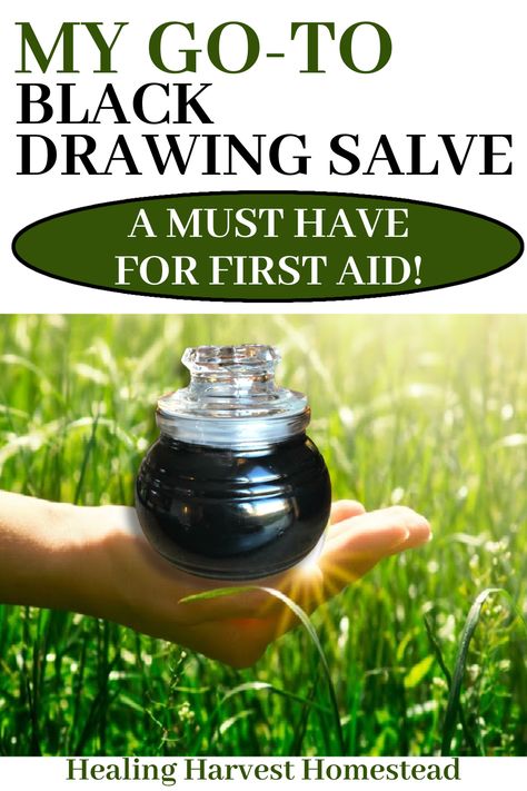 Ever wonder what black drawing salve is and what it's used for? Well, here are the answers, along with my easy and simple favorite recipe you can make at home. You need this healing salve in your home first aid kit and apothecary! Step by step pics + directions. Great project for handmade gifts! #blacksalve #drawingsalve #blackdrawingsalve #homeremedy #healingsalve #charcoal #natural #remedy #splinter #boil #greatskin #healingharvesthomestead #getridof #skininfection #healing Diy Black Drawing Salve, Black Drawing Salve Recipe, Drawing Salve Recipe Diy, Black Salve Recipe, Drawing Salve For Boils, Hs Disease, Drawing Salve Recipe, Home First Aid Kit, Black Drawing Salve