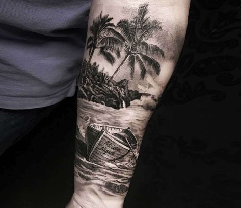 Beach Tattoo Sleeve, Ship Tattoo Sleeves, Nautical Tattoo Sleeve, Underarm Tattoo, Boat Tattoo, Island Tattoo, Nature Tattoo Sleeve, Sunset Tattoos, Realistic Tattoo Sleeve