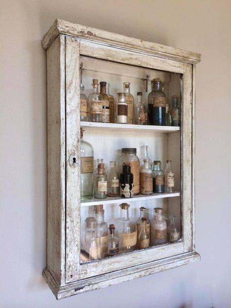 Medicine Cabinet Vintage, Old Bottles Decor Display, Old Medicine, Using Chalk Paint, Diy Play Kitchen, Colorful World, Primitive Furniture, Small Cabinet, Bookshelf Decor