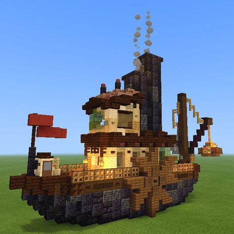 Blaze on Instagram: “Today’s post is s steamboat shop “Wares on the Water” . It features a flag, crates, a crane, smokestacks, copper patches, and more... .…” Minecraft Copper, Minecraft Kingdom, Minecraft Steampunk, Minecraft Statues, Minecraft Decoration, Minecraft Structures, Bangunan Minecraft, Steampunk House, Minecraft Cottage