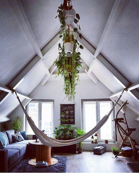 Attic office/ work out space/ chill space, with hammock and plants! Indoor Hammock Ideas, Open Attic, Hammock Ideas, Wizard Tower, Chill Space, Chill Out Room, Indoor Hammock Chair, Cozy Attic, Attic Office