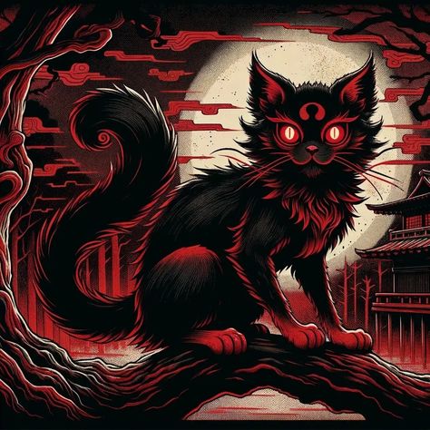 A nekomata (Japanese 猫股 or 猫又 / From Japanese neko cat and mata forked or forked cat / Thus, in full, forked cat) is a fictional being from Japanese folklore that can evolve from a. Kamakura Period, Japanese Mythology, Creatures Art, Japanese Folklore, Neko Cat, Old Cats, Fantasy Creatures Art, Red Cat, Domestic Cat