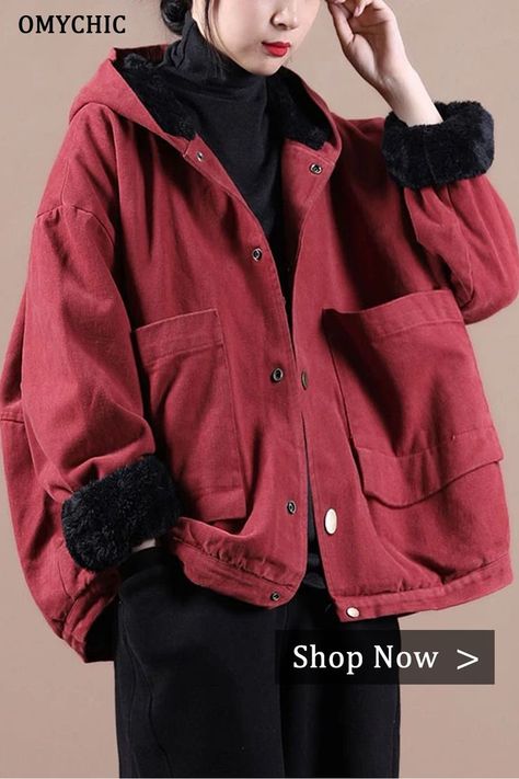 Art Red Hooded Pockets Warm Fleece Coat Winter Woolen Coat Winter, High Design, Winter Fabric, Coat Winter, Comfortable Room, Higher Design, Woolen Coat, Fleece Coat, Woman Fashion