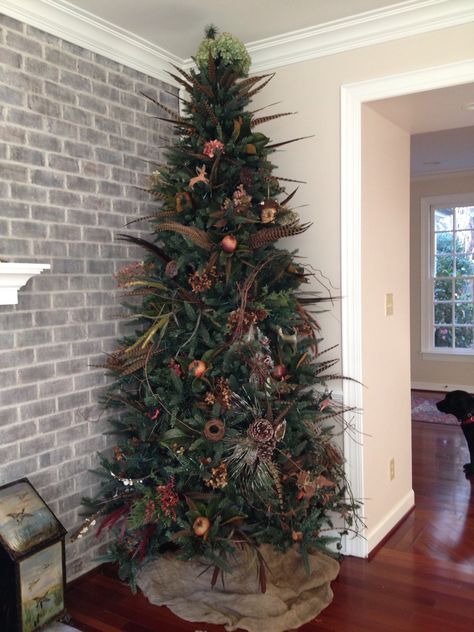 pheasant feather CHristmas tree from my husband's South Dakota hunt 2012 Christmas Tree Ideas Feathers, Christmas Tree With Pheasant Feathers, Hunters Christmas Tree, Hunting Lodge Christmas Tree, Pheasant Feather Christmas Tree, Christmas Trees With Feathers, Feathers On Christmas Tree, Duck Hunting Christmas Tree, Wildlife Christmas Tree Ideas