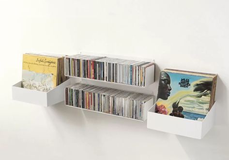 By Reader Request: How To Store CDs Attractively? - Remodelista Cd Shelves, Narrow Bookshelf, Floating Books, Home Music Rooms, White Wall Shelves, Cube Storage Shelves, Bibliotheque Design, White Floating Shelves, Cd Storage