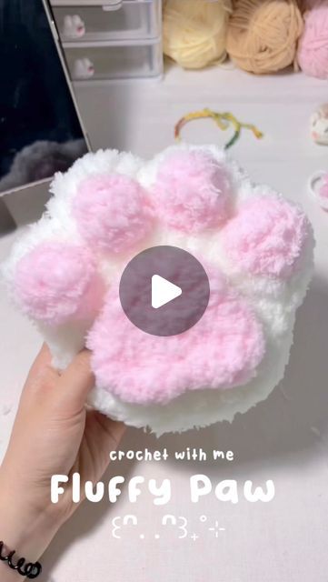 Cat Paw Crochet Pattern, Crochet Patterns Fluffy Yarn, How To Crochet A Plushie, Fluffy Yarn Projects, Cat Paw Crochet, Crochet With Fluffy Yarn, Fluffy Yarn Crochet Projects, Cat Pillow Crochet, Crochet Fluffy Yarn