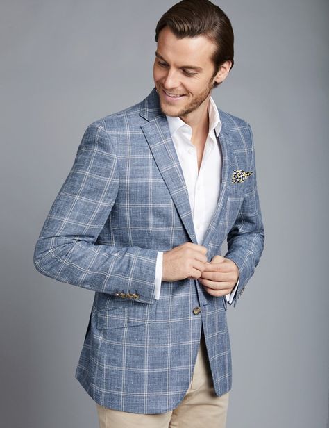 Men’s Blue Check Wool Silk Linen Blend Jacket Linen Jacket Men, Sport Coat Outfit, Outfits Sport, Blue Blazers, Summer Suits Men, Linen Sport Coat, Blazers For Men Casual, Blazer Outfits Men, Sport Jacket Men