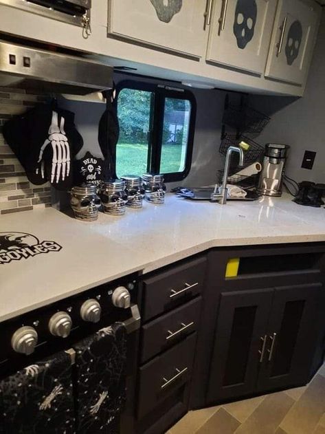 Black And White Goth Kitchen, Gothic Van Life, Small Goth Kitchen, Gothic Rv Decor, Goth Trailer Home, Gothic Camper Interior, Goth Mobile Home, Goth Farmhouse Kitchen, Goth Rv Interior