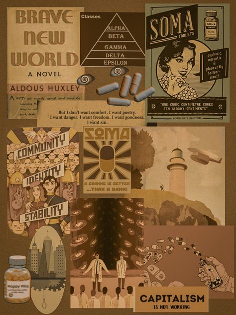 aesthetic 1984 brave new world антиутопия эстетика мудборд Brave New World Poster, Brave New World Fanart, Brave New World Aesthetic, Brave New World Illustration, Soma Brave New World, Brave New World Art, Utopia Aesthetic, Brave New World Book, Silly Quizzes