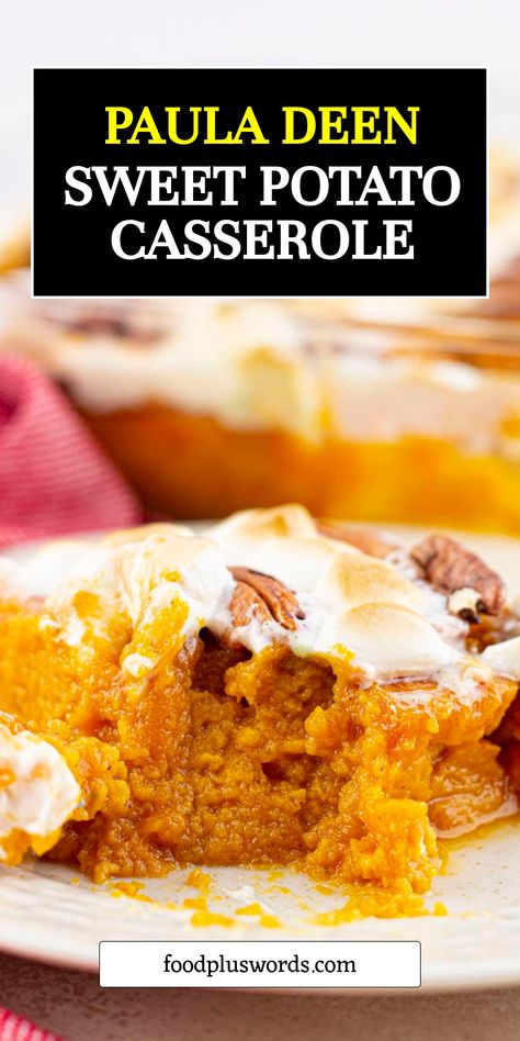 Looking for the perfect side dish for your holiday gatherings? Try this scrumptious Paula Deen Sweet Potato Casserole recipe! Made with mashed sweet potatoes, brown sugar, marshmallows, and pecans, this dish is sure to be a hit with your family and friends.  | Paula Deen Sweet Potato Casserole | Sweet Potato Casserole With Marshmallows | Sweet Potato Casserole With Pecans | Sweet Potato Recipes With Marshmallows And Pecans, Sweet Potato Casserole With Meringue, Paula Dean Sweet Potato Casserole, Bruces Sweet Potato Casserole, Paula Deen Sweet Potato Casserole Recipe, Paula Deen Sweet Potato Casserole, Boston Market Sweet Potato Casserole, Brown Sugar Marshmallows, Sweet Potatoes Brown Sugar