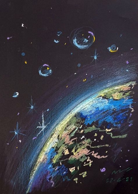 Oil Pastel On Black Paper, Pastel On Black Paper, Galaxy Drawings, Pastel Galaxy, Space Drawings, Black Paper Drawing, Pastel Artwork, Space Painting, Graffiti Murals