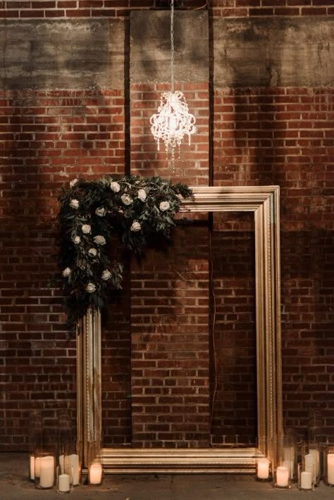 Cadre Photo Booth, Moody Winter Wedding, Ceremony Backdrop Indoor, Thick Forest, Photowall Ideas, Winter Wedding Planning, Gilded Frame, Romantic Wedding Ceremony, Indoor Wedding Ceremonies