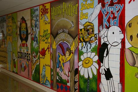 Library Wall Art School, Wall Murals School, Library Murals Elementary, Library Mural Ideas, School Library Murals, Library Wall Mural, Elementary School Murals, Library Murals, Middle School Library