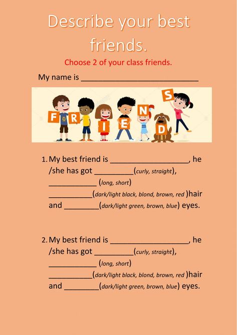 your best friend worksheet About My Friend Worksheet, My Best Friend Worksheet, Friends Worksheet, Family Worksheet, After School Activities, Esl English, Teaching Esl, Friend Activities, English For Kids