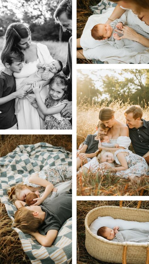 Outside Infant Photography, Outdoor Pictures With Newborn, Family Of 5 Photoshoot With Newborn, Field Newborn Pictures, Vintage Style Family Photos, Summer Newborn Family Pictures, Newborn Family Session Outdoor, Newborn Pics Outside, Newborn Lifestyle Outdoors