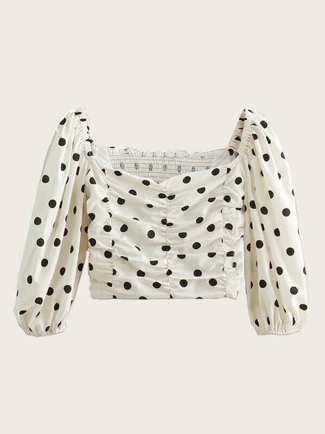 Polka Dot Ruched Shirred Crop Top | SHEIN USA Shirred Crop Top, Shirred Blouse, Polka Dot, Polka Dots, Crop Top, Dots, Black And White, White, Black