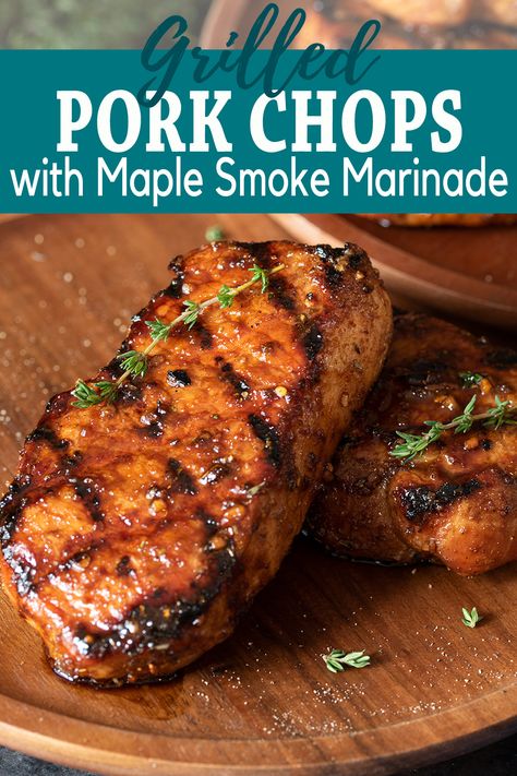 Two pork chops on a wooden plate. Maple Bacon Pork Chops, Traeger Pork Chops, Maple Marinade, Maple Glazed Pork Chops, Maple Pork Chops, Glazed Pork Chops Recipes, Perfect Pork Chops, Autumn Foods, Pork Chop Marinade