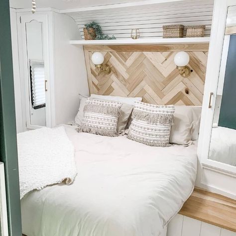 RV Bedroom Renovations Small Travel Trailer, Rv Interior Remodel, Tiny House Camper, Caravan Makeover, Camper Trailer Remodel, Rv Renovation, Vintage Camper Remodel, Trailer Decor, Caravan Renovation