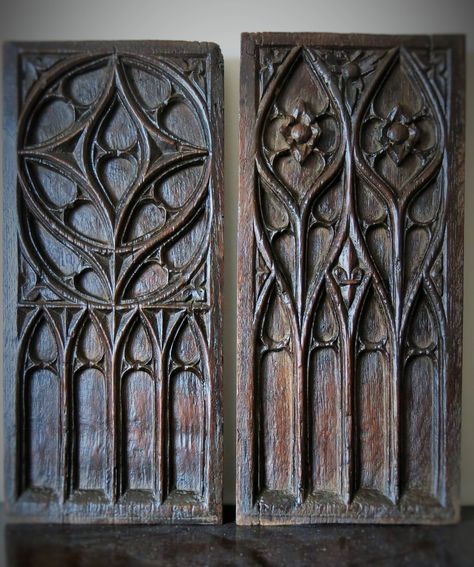 16th Century French Gothic Tracery Panels   with traces of original paint Gothic Woodwork, Gothic Tracery, Gothic Painting, Carved Wooden Panels, Gothic Mansion, French Gothic, Medieval Furniture, Gothic Windows, Gothic Pattern